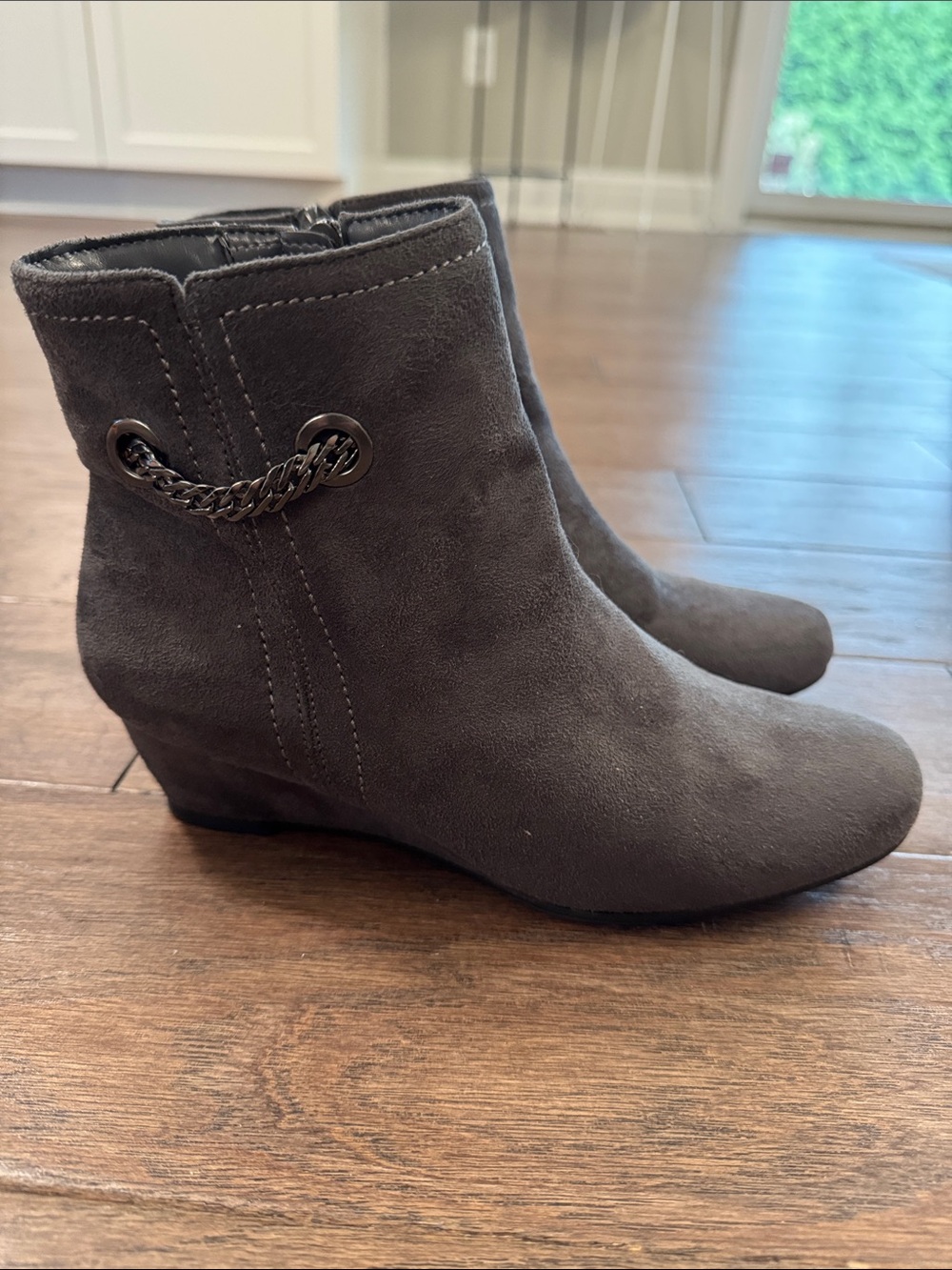 Impo Gray Suede Ankle Booties with Chain Accent